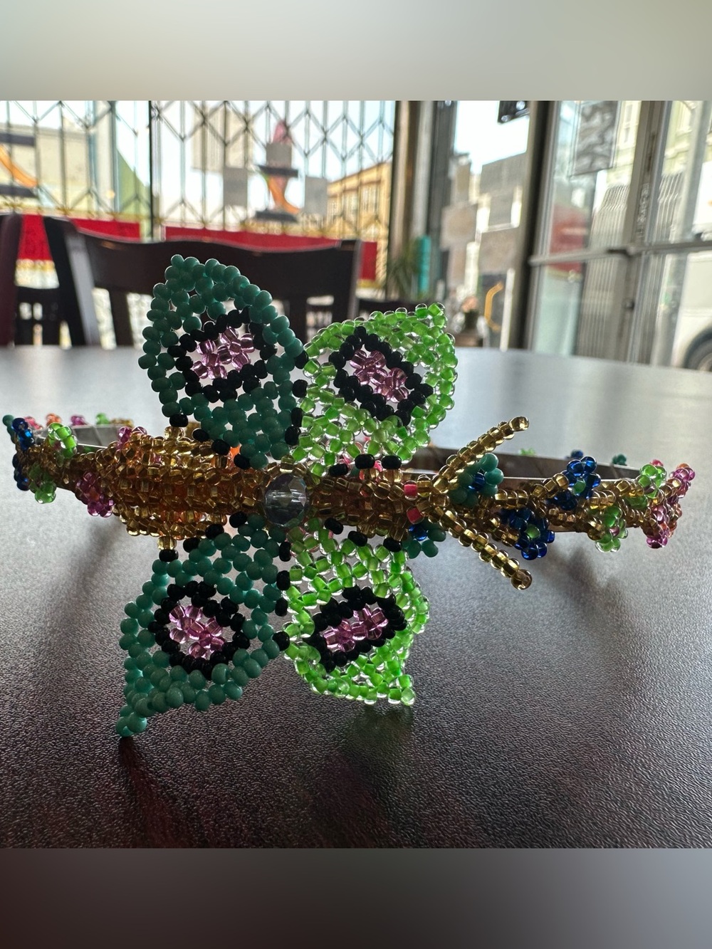 Handmade Beaded Butterfly Headband- Green & Teal Accents